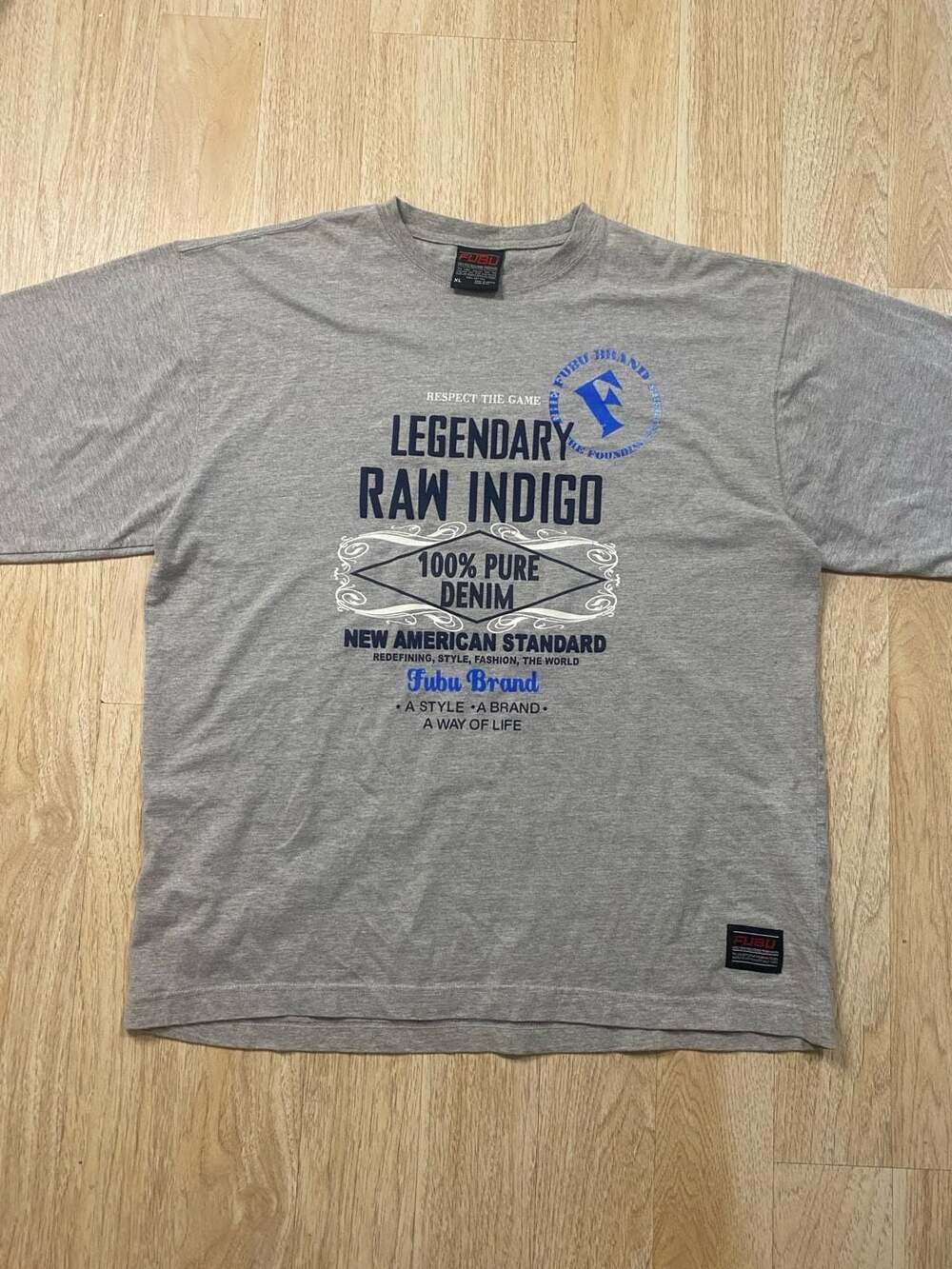 Vintage FUBU Legendary Raw Indigo Graphic T-Shirt Gray XL